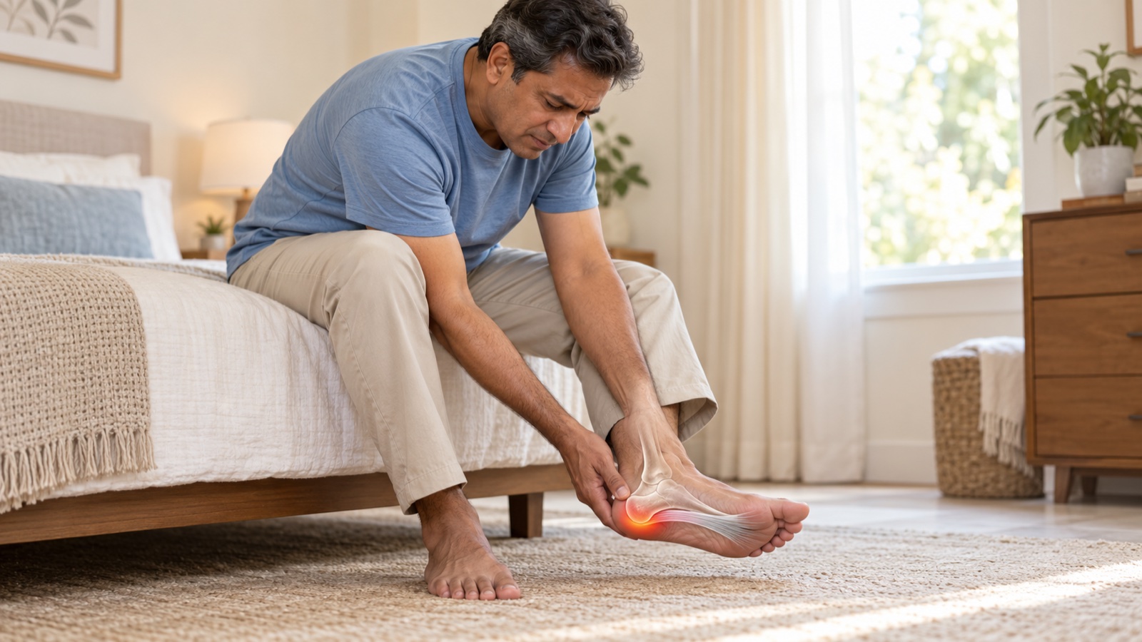 Man holding a painful heel beside a bed, with an illustrative plantar fascia overlay and red pain highlight