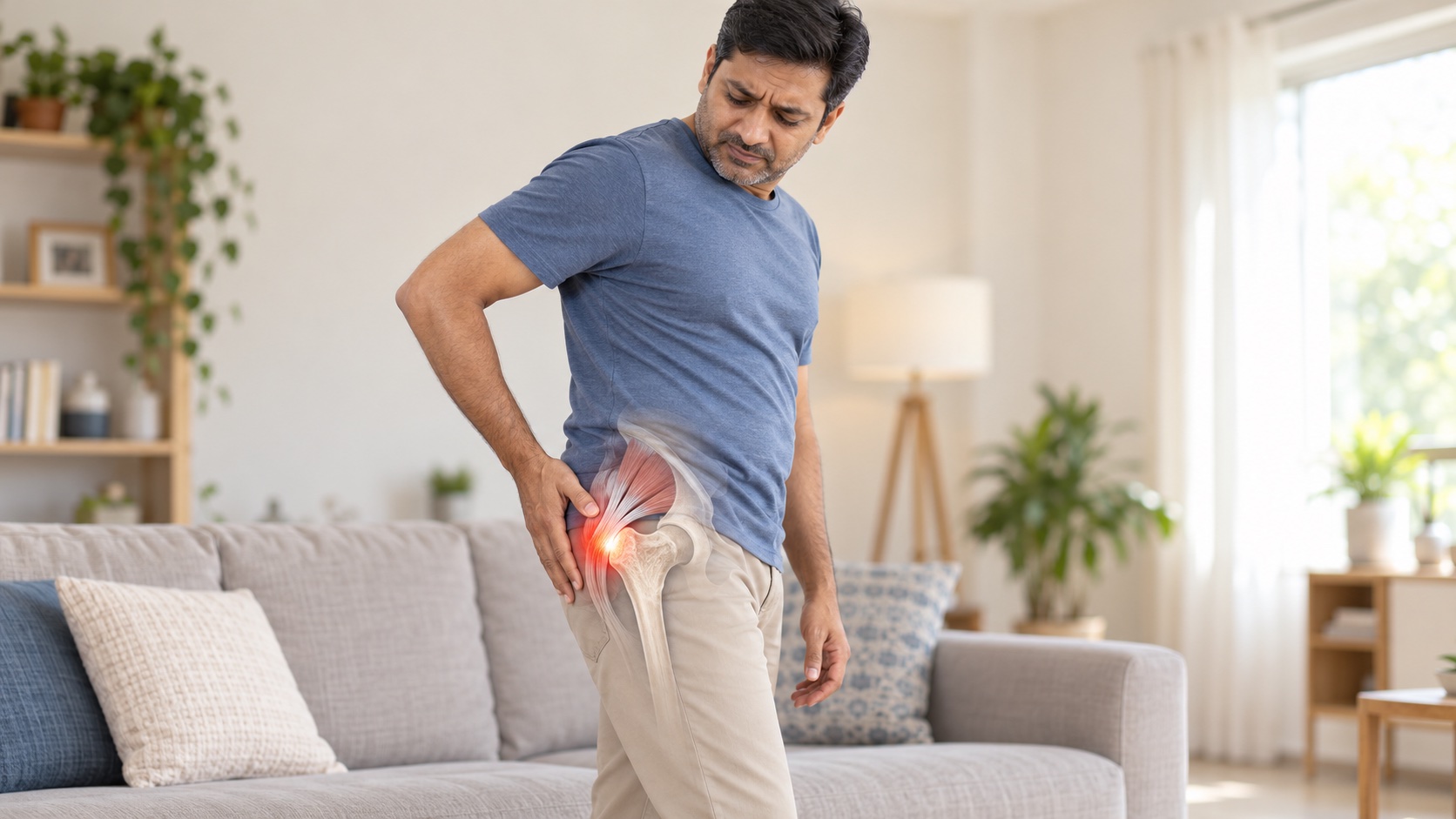 Man holding the outside of his hip with a red pain highlight and illustrative gluteal tendon overlay