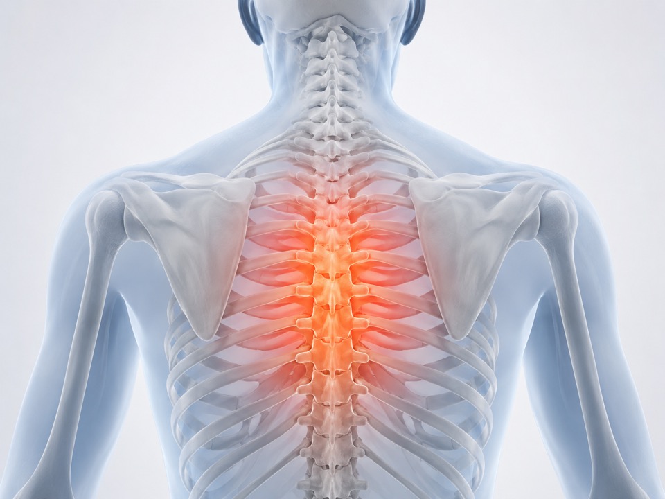 Thoracic spine and rib area involved in middle upper back pain