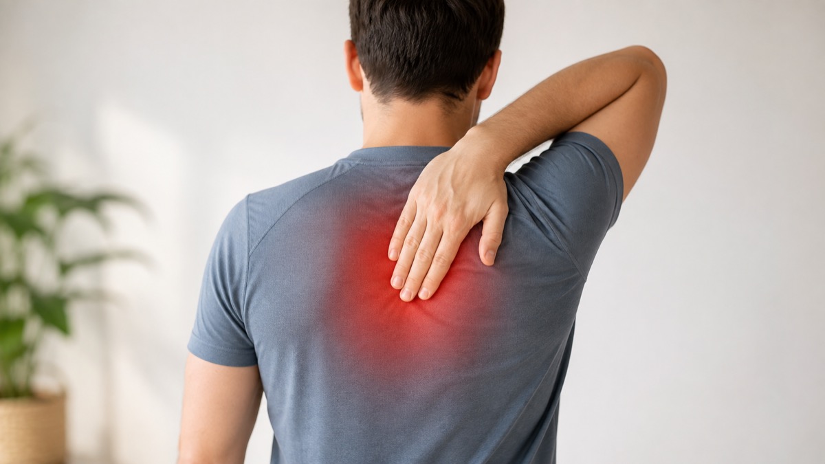 Person experiencing pain in the middle of the upper back