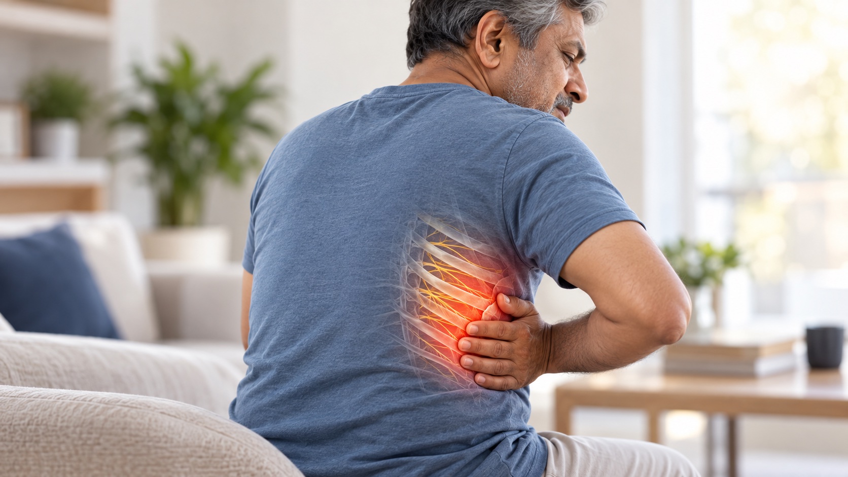 Older man holding the right side of his torso with a red pain highlight and illustrative rib and nerve overlay