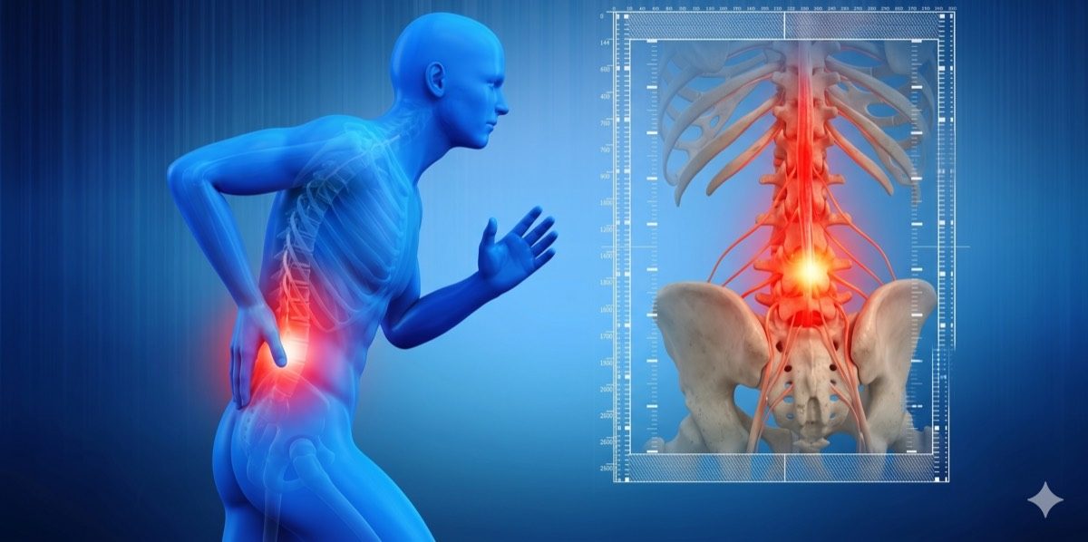 Illustration of the lumbar spine showing common sources of back pain