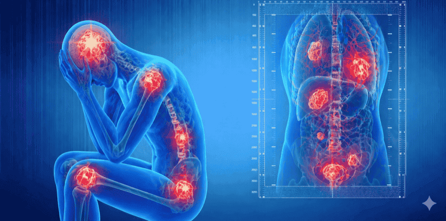 Illustration showing interventional pain management for cancer patients