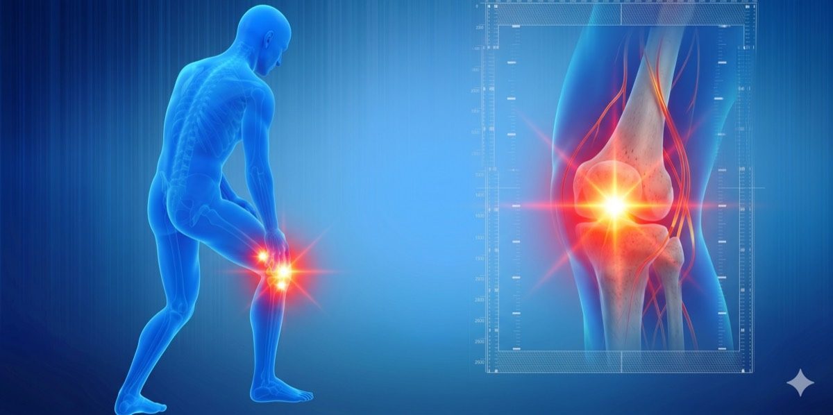 Illustration of the knee joint anatomy showing cartilage and surrounding structures