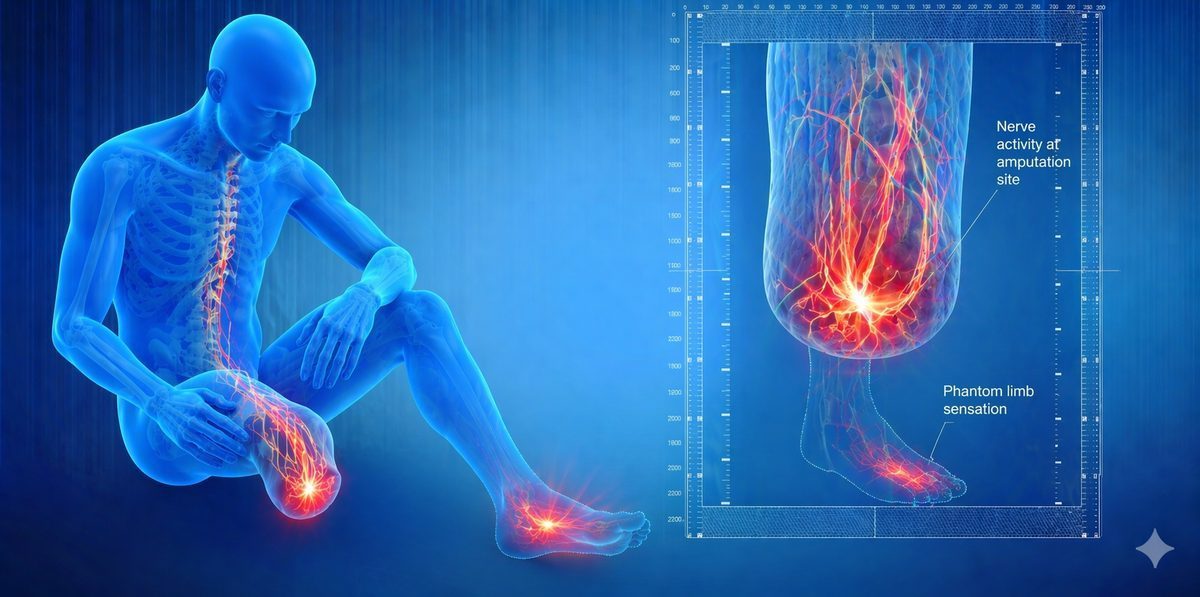 Illustration showing pain pathways in the brain and spinal cord related to phantom limb pain