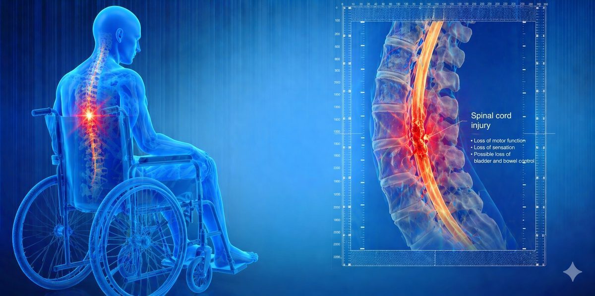 Illustration of the spinal cord showing the site of injury and associated pain pathways