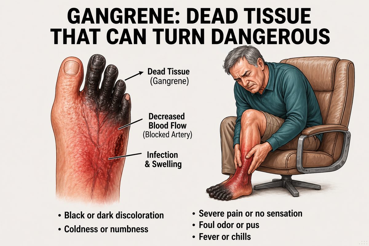 Diagram showing how reduced blood supply leads to tissue death in the extremities