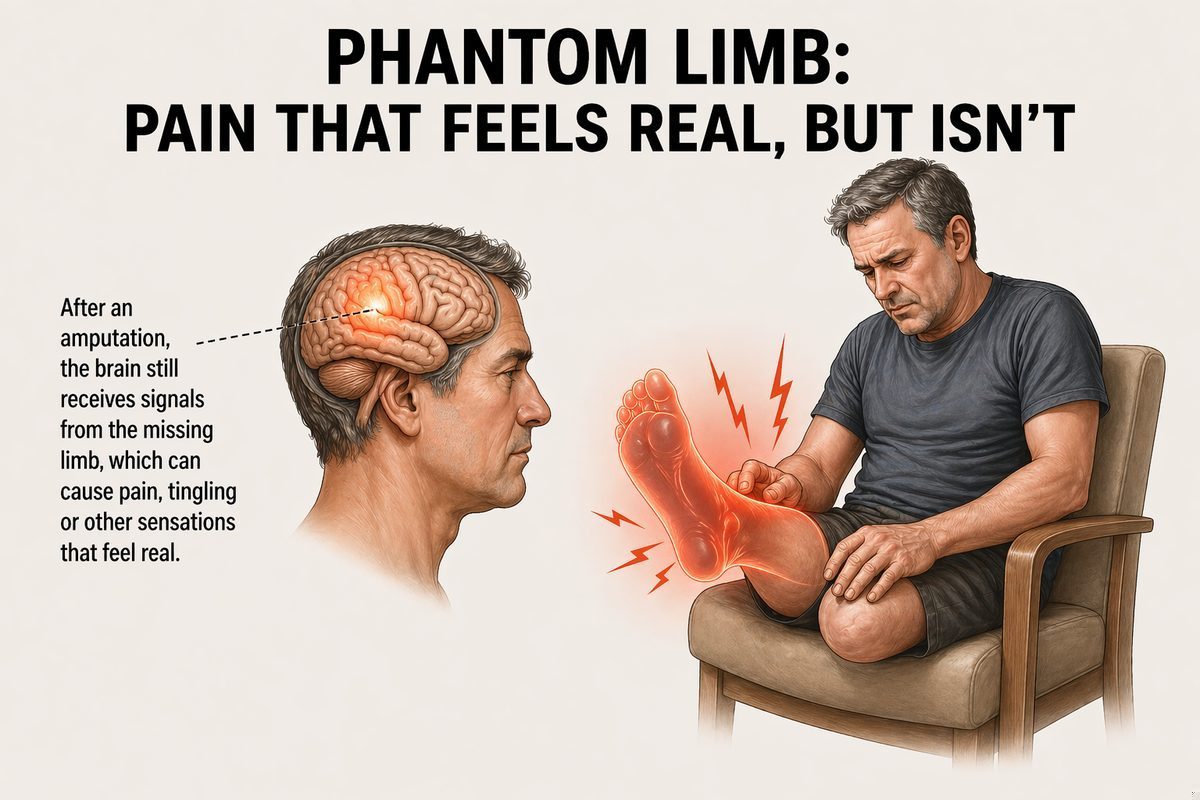 Illustration showing neuroma formation in a residual stump and phantom limb pain pathways