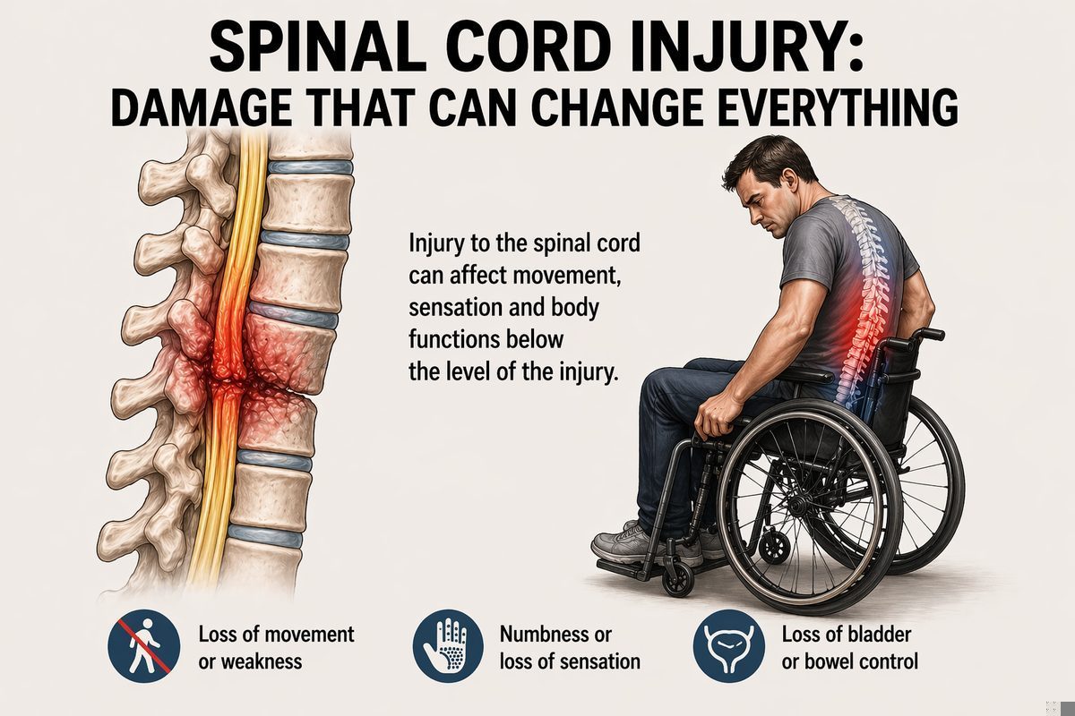 Illustration of central sensitisation and disrupted pain pathways in spinal cord injury